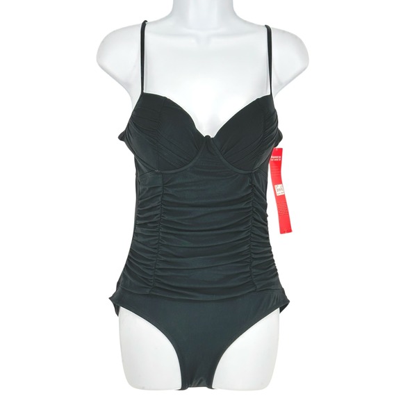 SPANX‎ Black One Piece Swimsuit Shapewear Ruched Size 8 B/C NWT - Picture 1 of 9